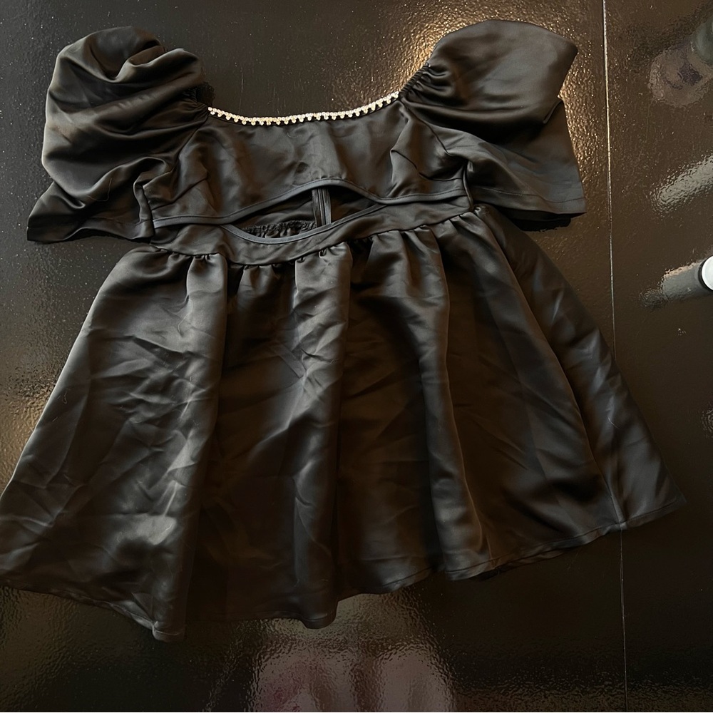 ❌ SOLD Black Puff-Sleeve Satin Babydoll Cupcake Dress with Crystal Trim